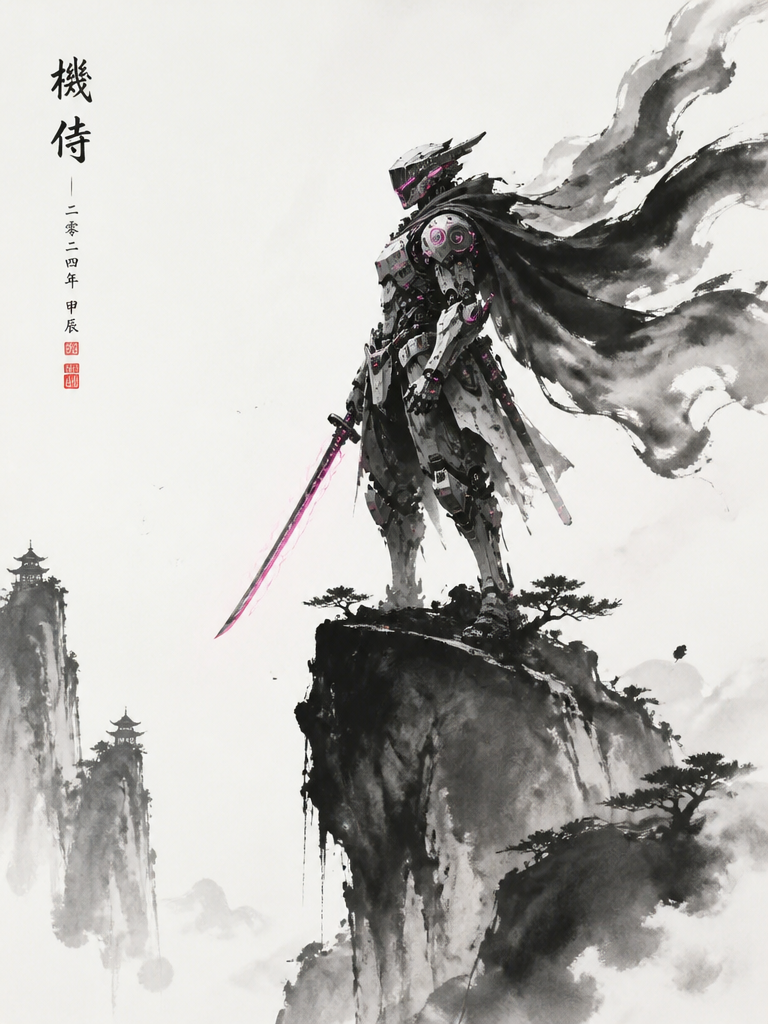 墨韵机甲 · 赛博水墨插画 - AI 生成的品牌设计作品